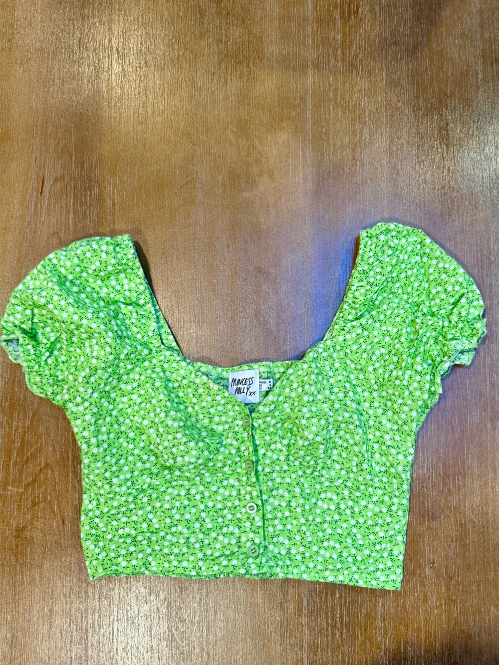 Princess Polly Laguna Crop Top Puff Short Sleeves Green White Floral Cotton Sz 4